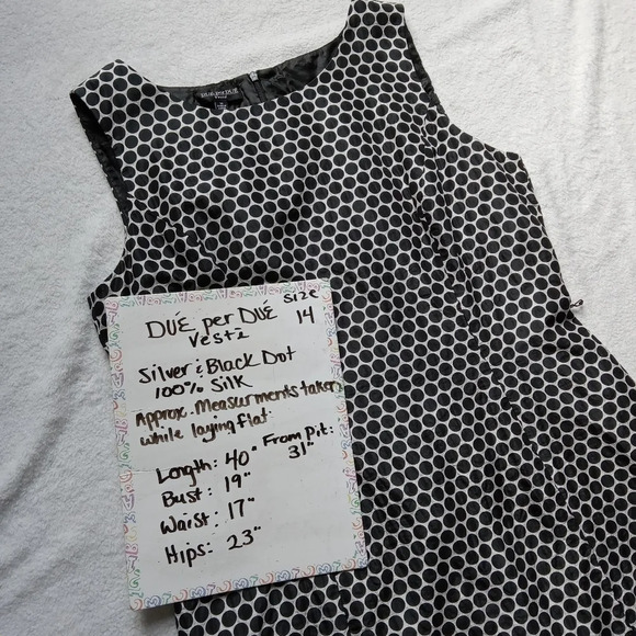 DUE per DUE Veste Silver & Black Dot Sleeveless Silk Dress size 14 - Picture 5 of 5